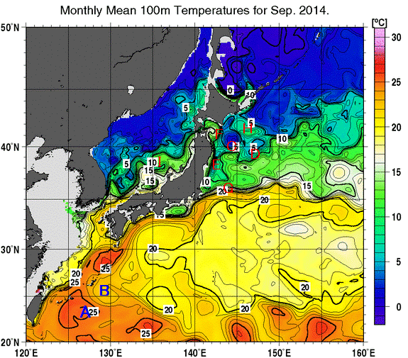日本近海の深さ100mの月平均水温分布図（2014年9月）
