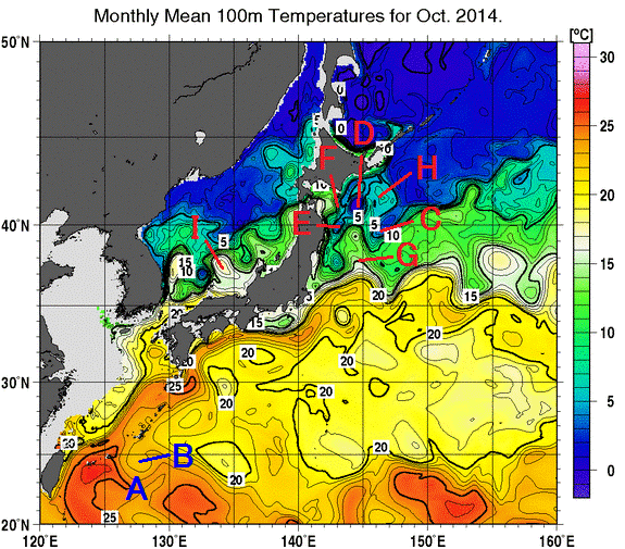 日本近海の深さ100mの月平均水温分布図（2014年10月）