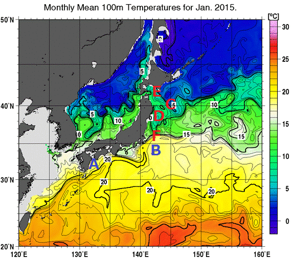 日本近海の深さ100mの月平均水温分布図（2015年1月）