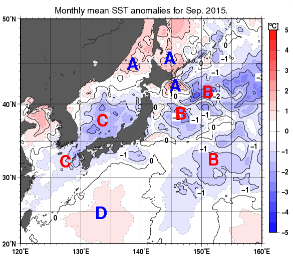 日本近海の月平均海面水温平年差分布図（2015年9月）