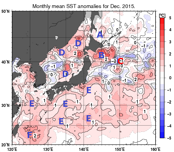 日本近海の月平均海面水温平年差分布図（2015年12月）