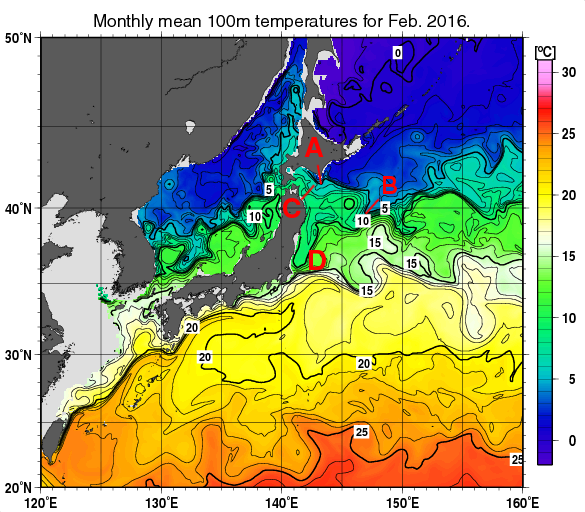 日本近海の深さ100mの月平均水温分布図（2016年2月）