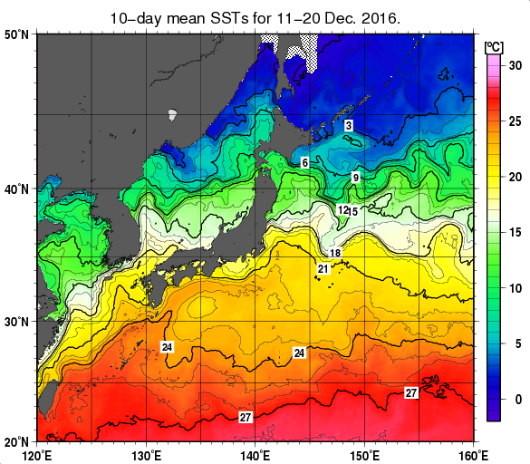 日本近海の旬平均海面水温分布図（2016年12月中旬）