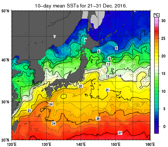 日本近海の旬平均海面水温分布図（2016年12月下旬）