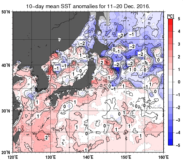 日本近海の旬平均海面水温平年差分布図（2016年12月中旬）