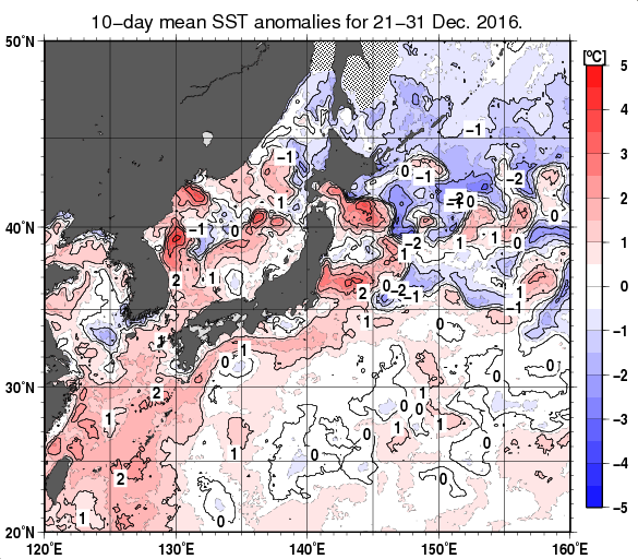 日本近海の旬平均海面水温平年差分布図（2016年12月下旬）