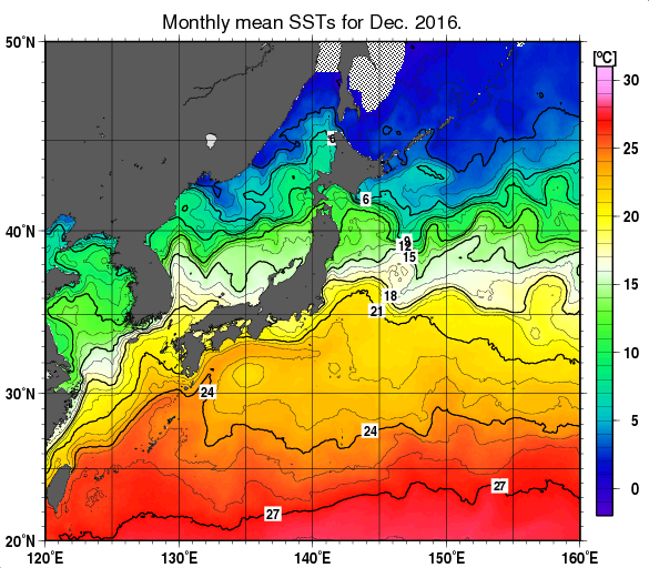 日本近海の月平均海面水温分布図（2016年12月）