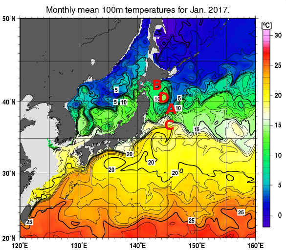 日本近海の深さ100mの月平均水温分布図（2017年1月）