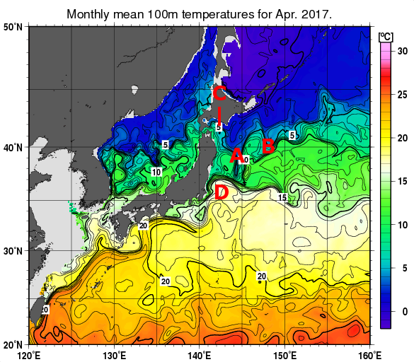 日本近海の深さ100mの月平均水温分布図（2017年4月）