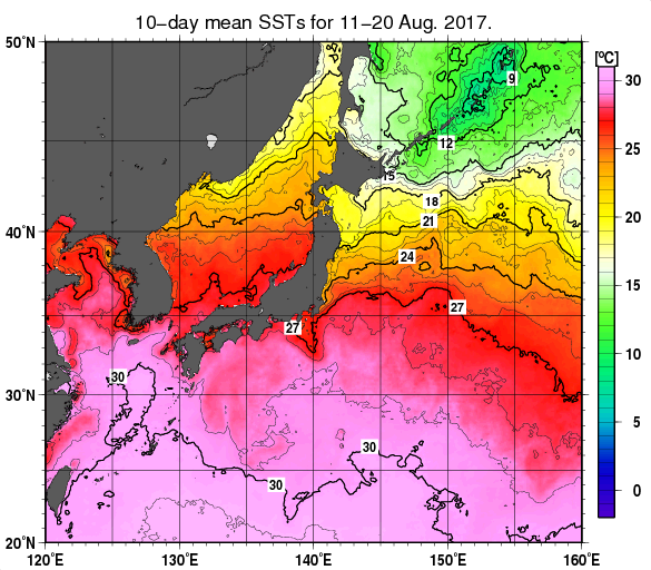 日本近海の旬平均海面水温分布図（2017年8月中旬）