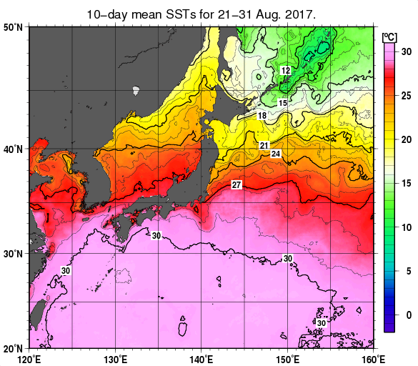 日本近海の旬平均海面水温分布図（2017年8月下旬）
