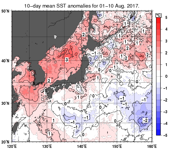 日本近海の旬平均海面水温平年差分布図（2017年8月上旬）