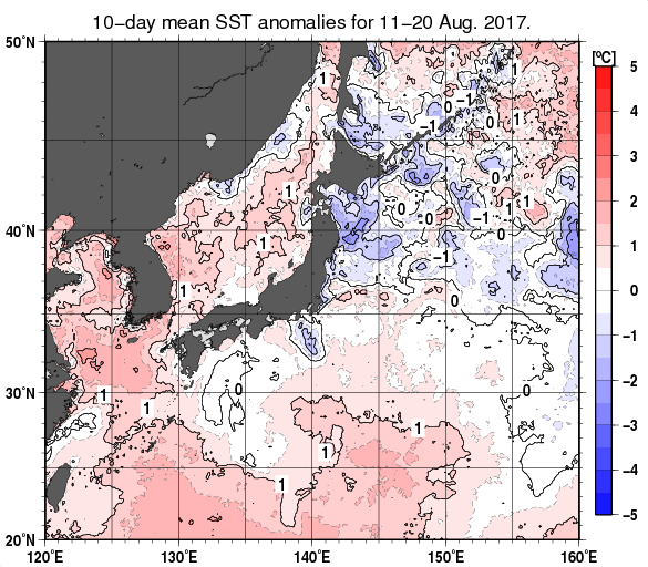 日本近海の旬平均海面水温平年差分布図（2017年8月中旬）