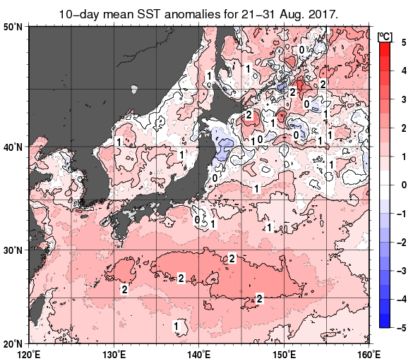 日本近海の旬平均海面水温平年差分布図（2017年8月下旬）