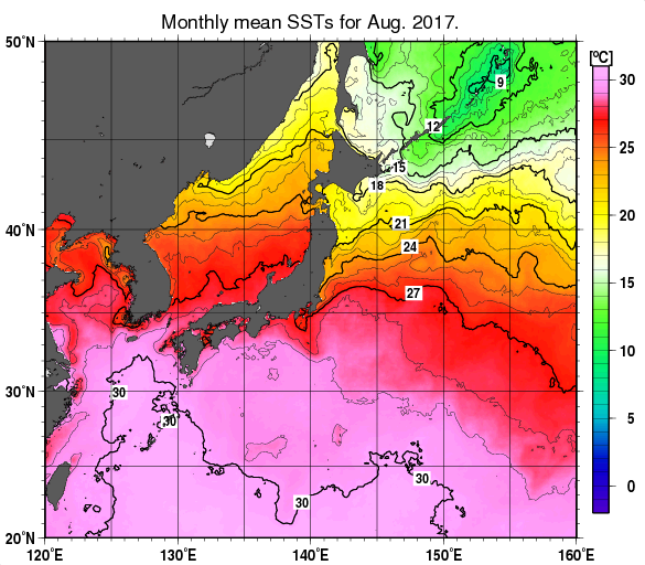 日本近海の月平均海面水温分布図（2017年8月）