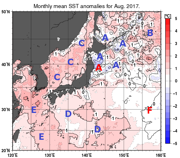 日本近海の月平均海面水温平年差分布図（2017年8月）