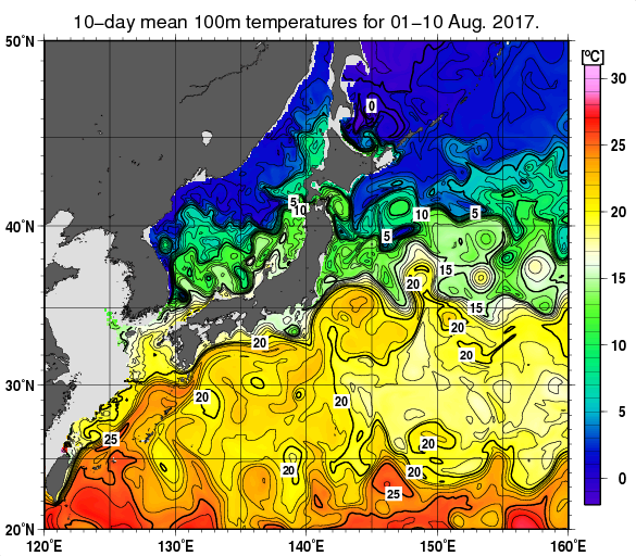 日本近海の深さ100mの旬平均水温分布図（2017年8月上旬）