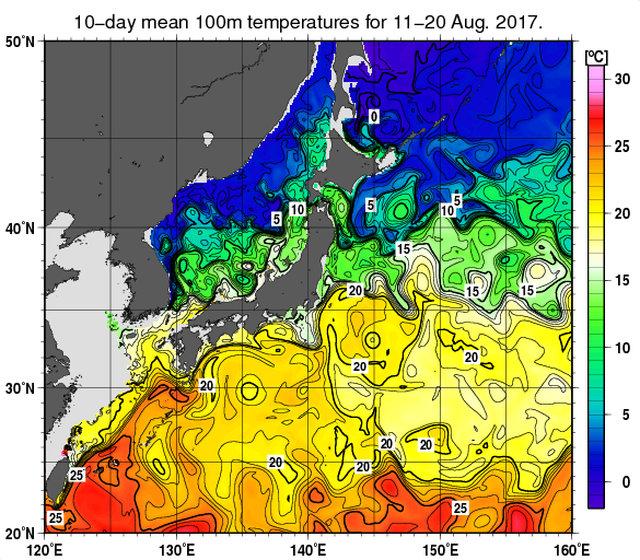 日本近海の深さ100mの旬平均水温分布図（2017年8月中旬）