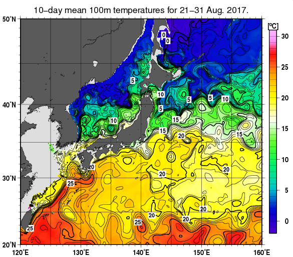日本近海の深さ100mの旬平均水温分布図（2017年8月下旬）
