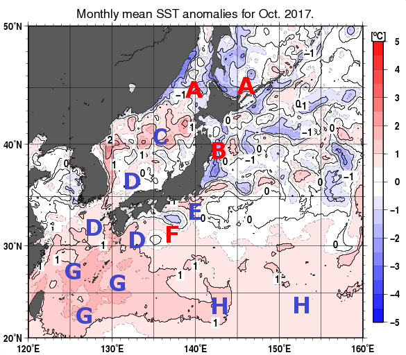 日本近海の月平均海面水温平年差分布図（2017年10月）