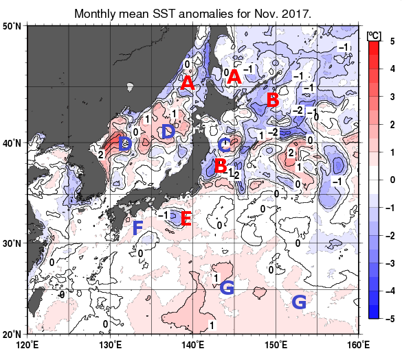 日本近海の月平均海面水温平年差分布図（2017年11月）