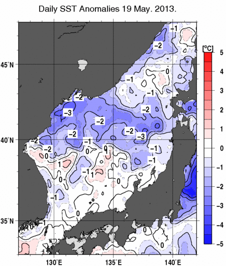 日本海の海面水温偏差分布図（5月19日）