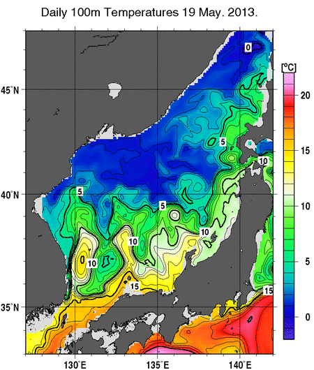 日本海の深さ100mの水温分布図（5月19日）