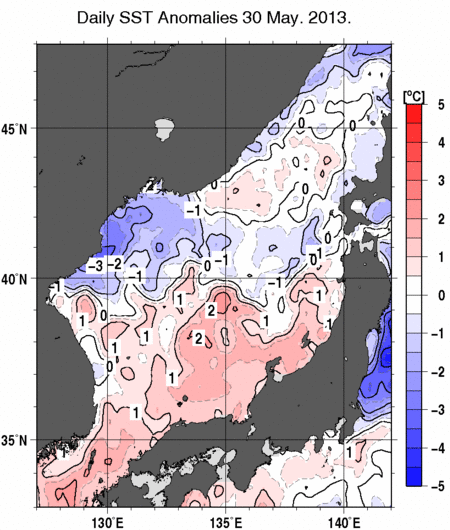 日本海の海面水温偏差分布図（5月30日）
