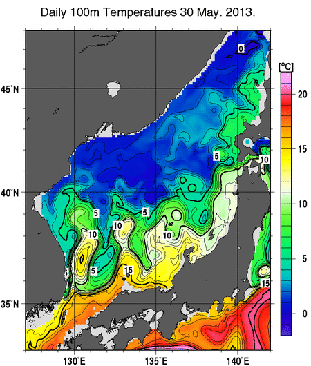 日本海の深さ100mの水温分布図（5月30日）