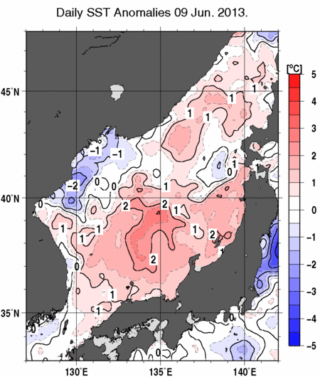 日本海の海面水温偏差分布図（6月9日）