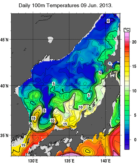 日本海の深さ100mの水温分布図（6月9日）