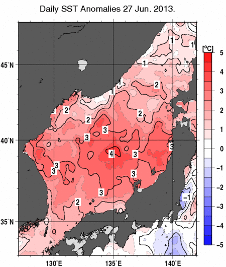 日本海の海面水温偏差分布図（6月27日）
