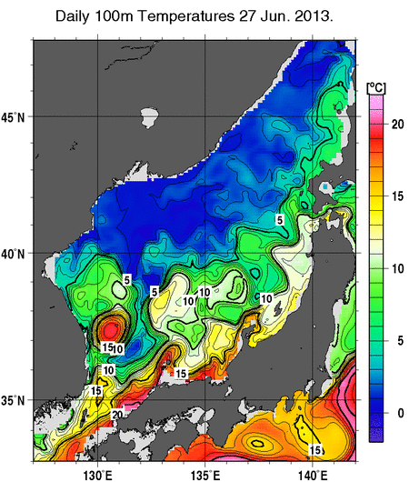 日本海の深さ100mの水温分布図（6月27日）