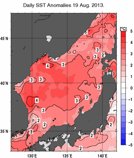 日本海の海面水温平年差分布図（8月19日）
