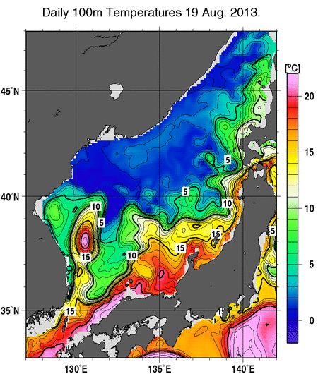 日本海の深さ100mの水温分布図（8月19日）