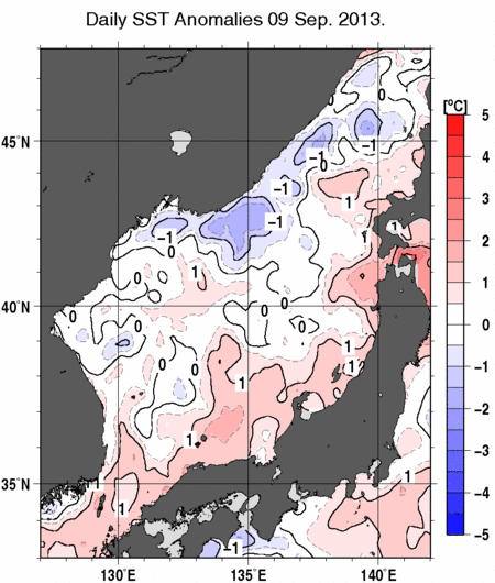 日本海の海面水温平年差分布図（9月9日）