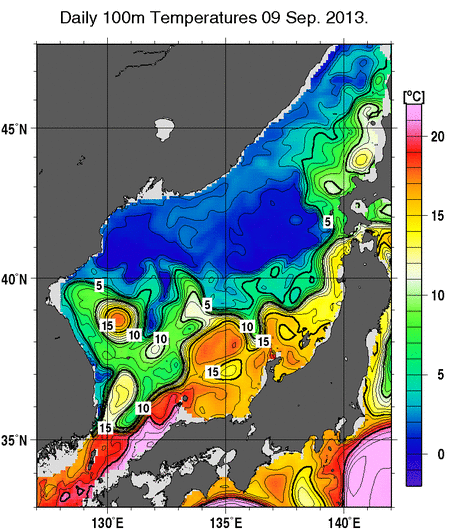日本海の深さ100mの水温分布図（9月9日）