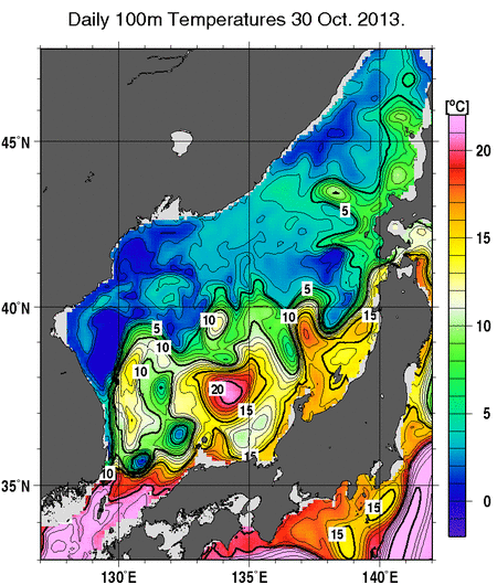 日本海の深さ100mの水温分布図（10月30日）