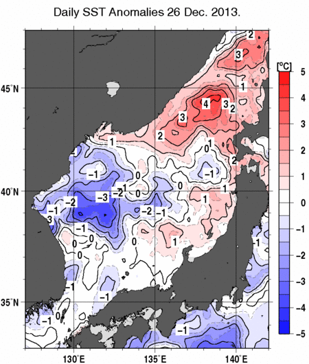 日本海の海面水温平年差分布図（12月26日）