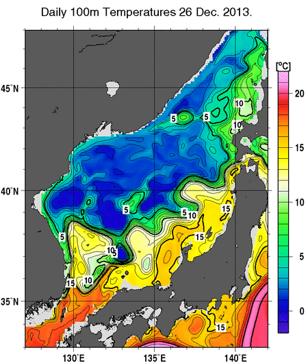 日本海の深さ100mの水温分布図（12月26日）