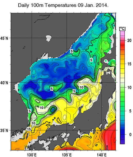 日本海の深さ100mの水温分布図（1月9日）