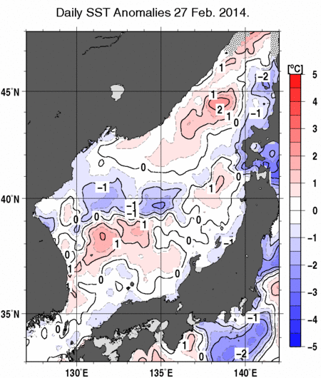 日本海の海面水温平年差分布図（2月27日）