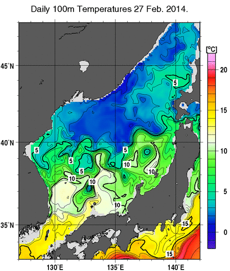 日本海の深さ100mの水温分布図（2月27日）