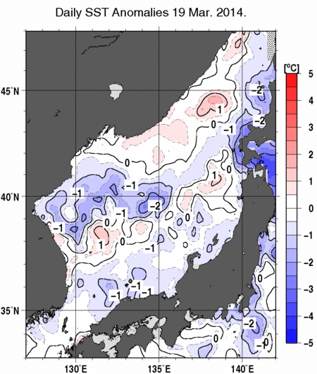 日本海の海面水温平年差分布図（3月19日）