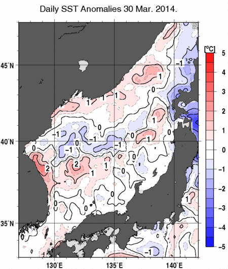 日本海の海面水温平年差分布図（3月30日）