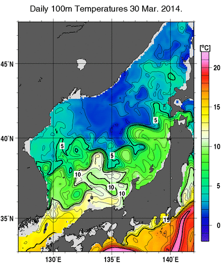日本海の深さ100mの水温分布図（3月30日）