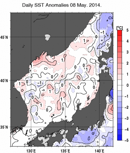 日本海の海面水温平年差分布図（5月8日）