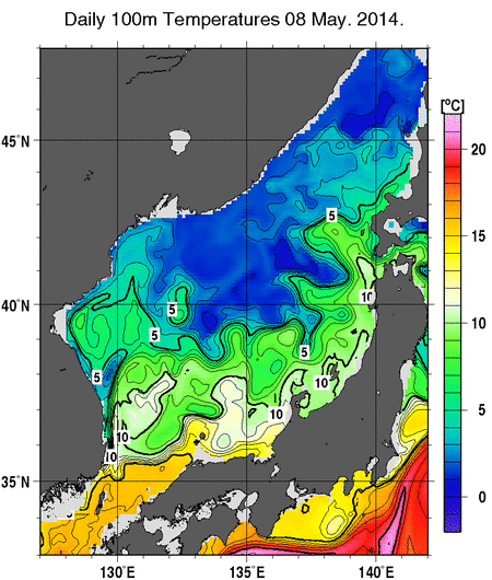 日本海の深さ100mの水温分布図（5月8日）