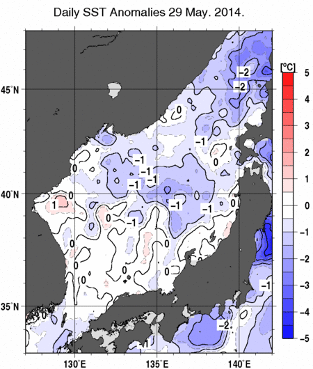 日本海の海面水温平年差分布図（5月29日）