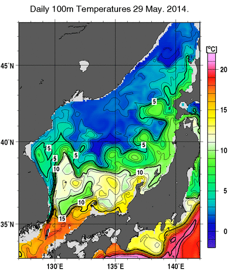 日本海の深さ100mの水温分布図（5月29日）